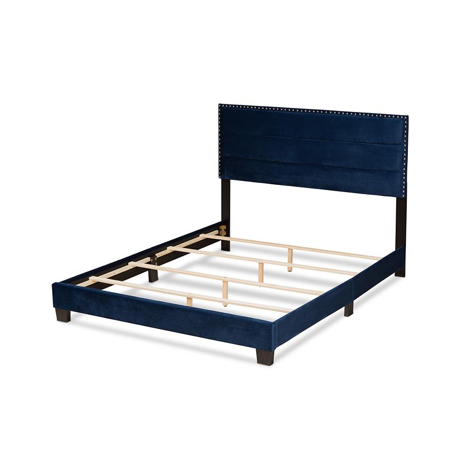 Glam Navy Blue Velvet Fabric Upholstered Queen Size Panel Bed. Picture 3