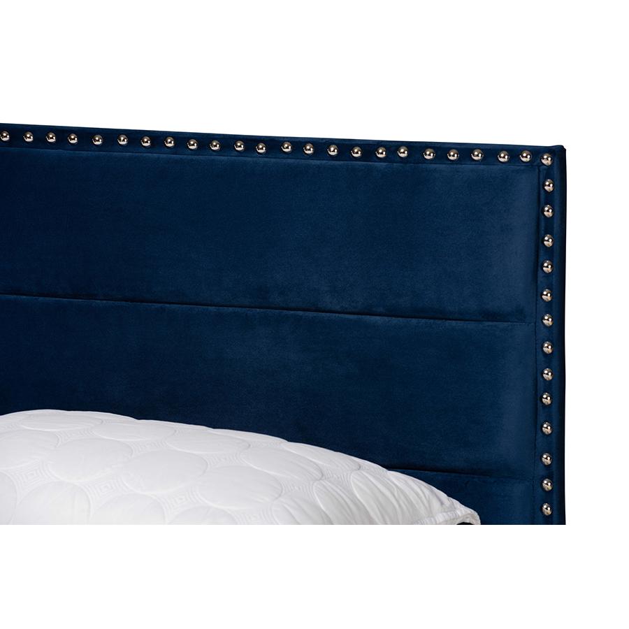 Glam Navy Blue Velvet Fabric Upholstered Queen Size Panel Bed. Picture 4