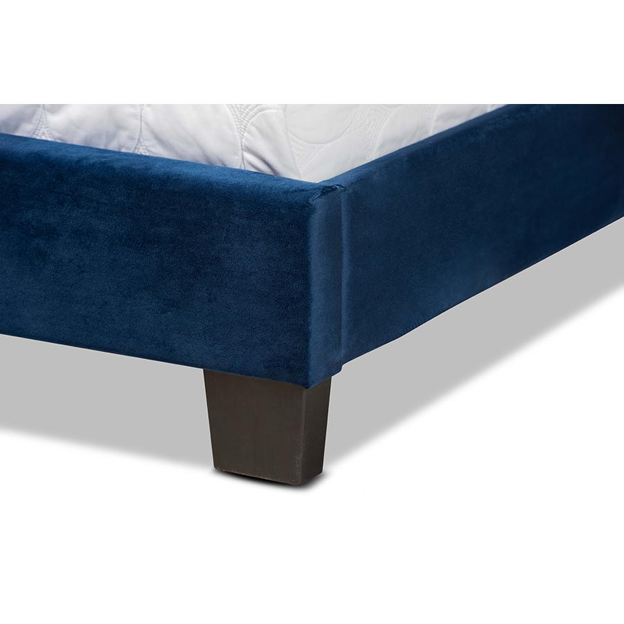 Glam Navy Blue Velvet Fabric Upholstered Queen Size Panel Bed. Picture 5