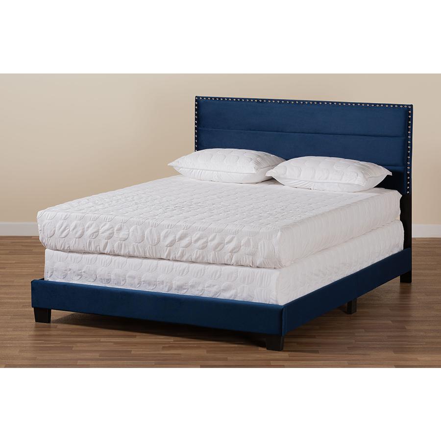 Glam Navy Blue Velvet Fabric Upholstered Queen Size Panel Bed. Picture 7