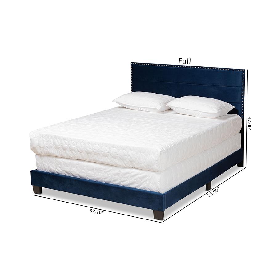 Glam Navy Blue Velvet Fabric Upholstered Queen Size Panel Bed. Picture 8
