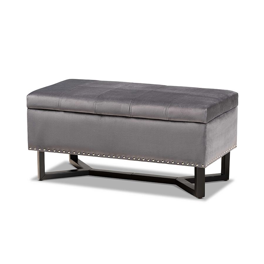 Grey Velvet Fabric Upholstered and Dark Brown Finished Wood Storage Ottoman. Picture 1