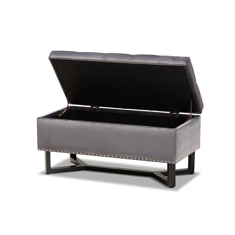 Grey Velvet Fabric Upholstered and Dark Brown Finished Wood Storage Ottoman. Picture 2