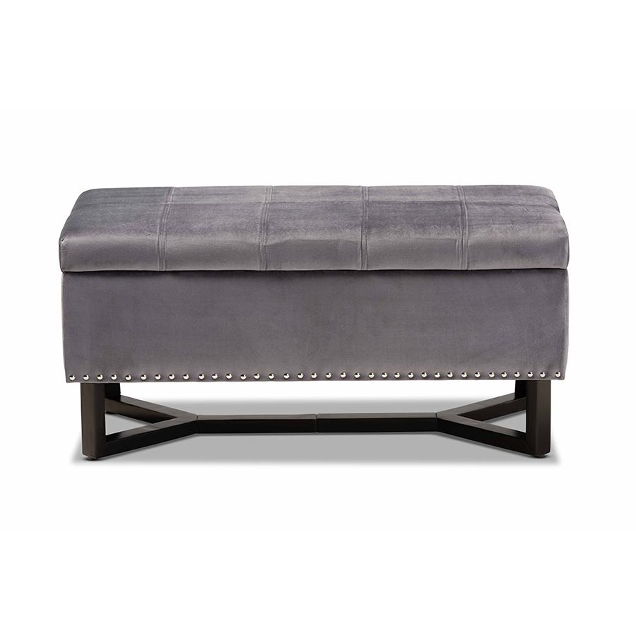 Grey Velvet Fabric Upholstered and Dark Brown Finished Wood Storage Ottoman. Picture 3