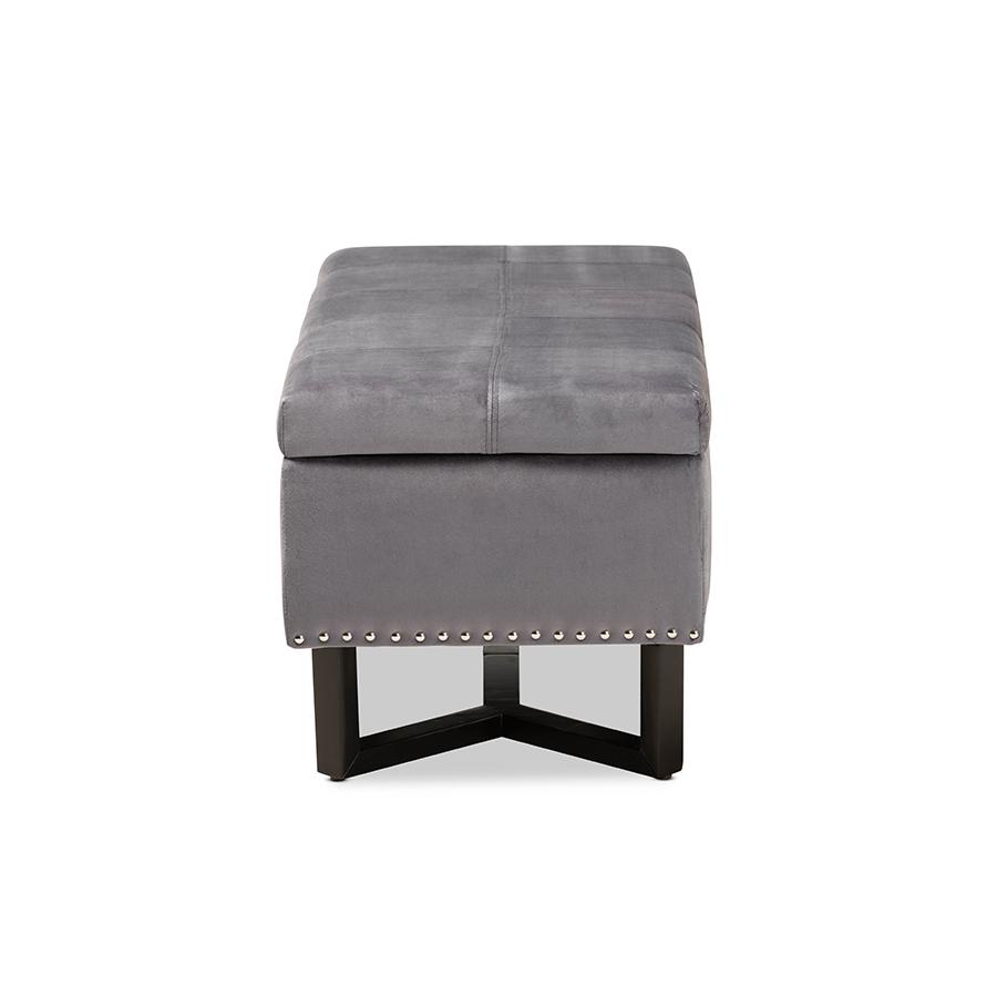 Grey Velvet Fabric Upholstered and Dark Brown Finished Wood Storage Ottoman. Picture 4