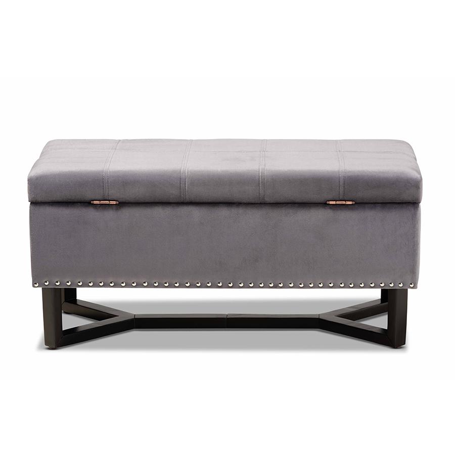 Grey Velvet Fabric Upholstered and Dark Brown Finished Wood Storage Ottoman. Picture 5