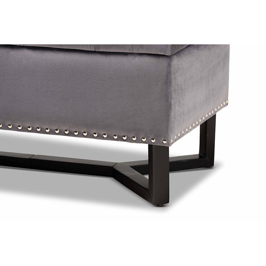 Grey Velvet Fabric Upholstered and Dark Brown Finished Wood Storage Ottoman. Picture 7