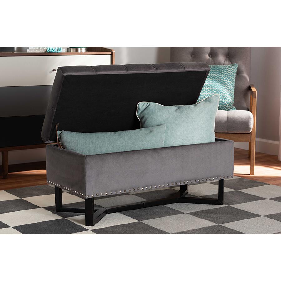 Grey Velvet Fabric Upholstered and Dark Brown Finished Wood Storage Ottoman. Picture 9