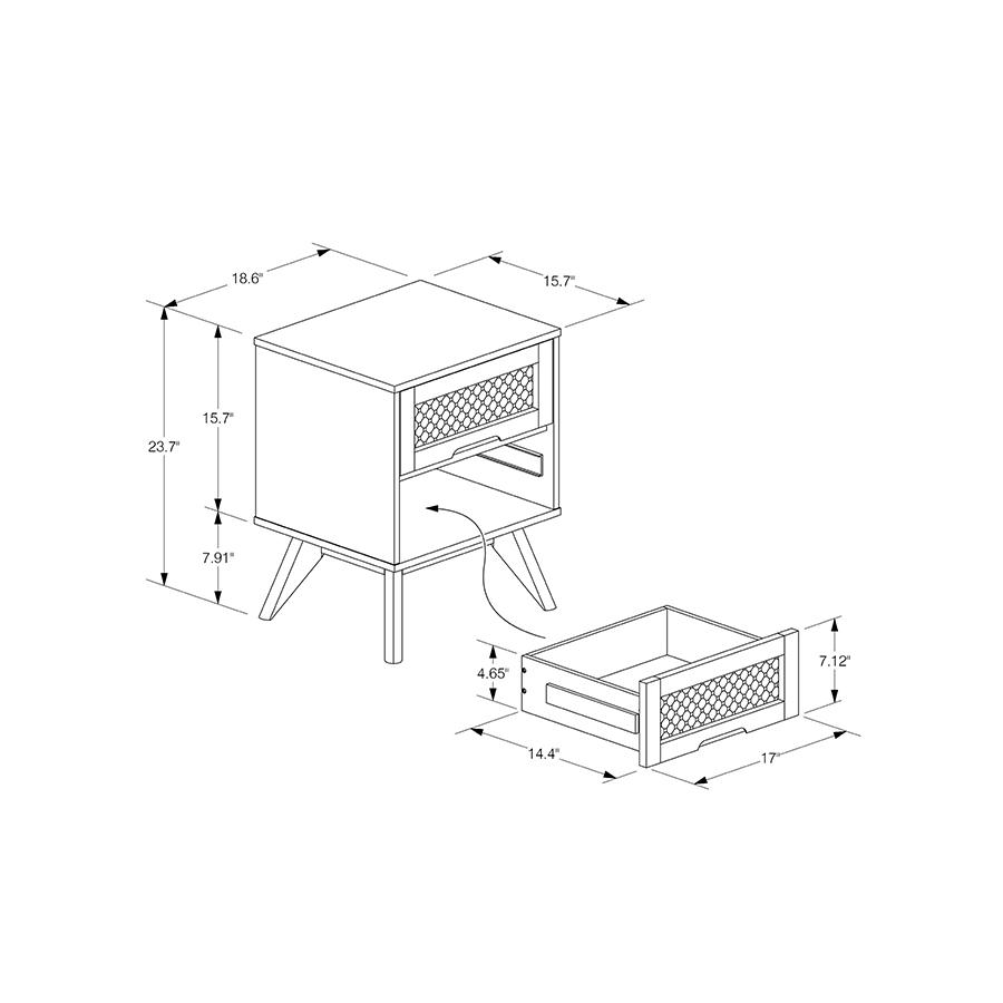 Modern Walnut Brown Finished Wood and Synthetic Rattan 2-Drawer Nightstand. Picture 11