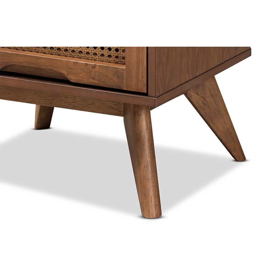 Modern Walnut Brown Finished Wood and Synthetic Rattan 2-Drawer Nightstand. Picture 6