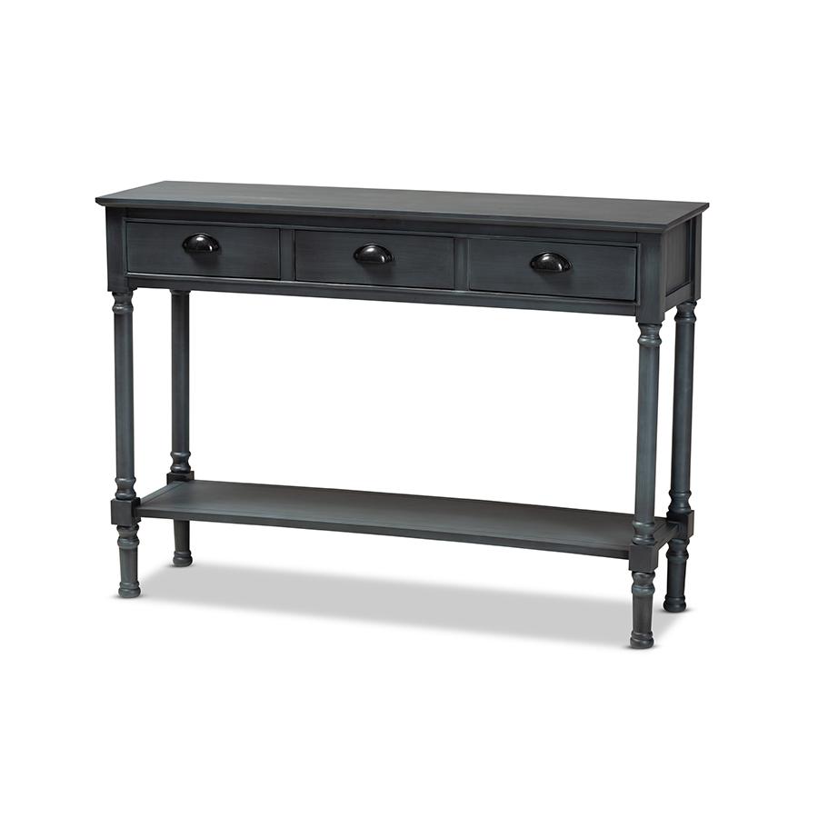 Garvey French Provincial Dark Blue Gray Wood 3-Drawer Entryway Console Table. Picture 1