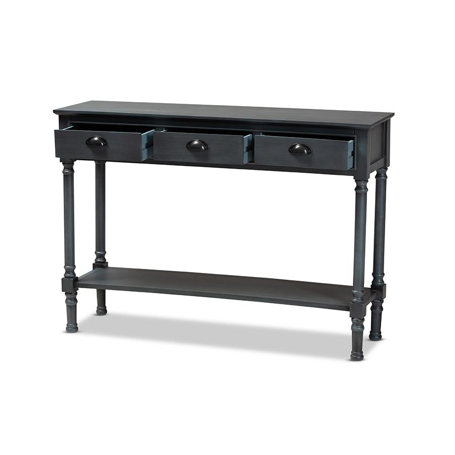 Garvey French Provincial Dark Blue Gray Wood 3-Drawer Entryway Console Table. Picture 2