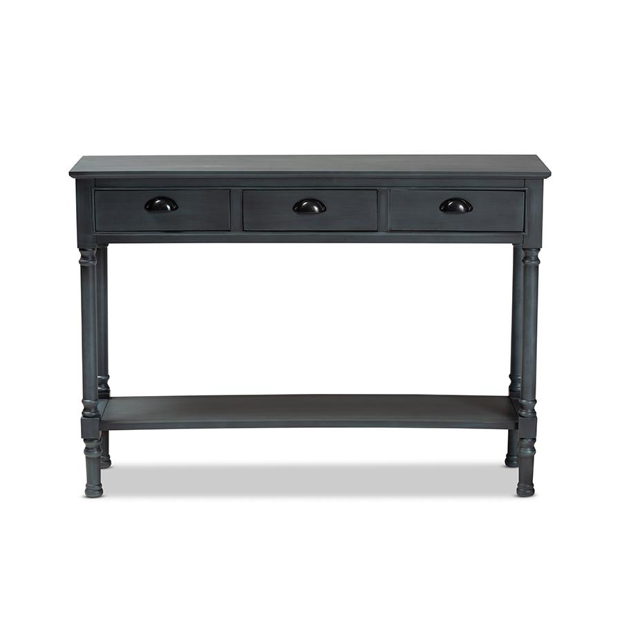 Garvey French Provincial Dark Blue Gray Wood 3-Drawer Entryway Console Table. Picture 3