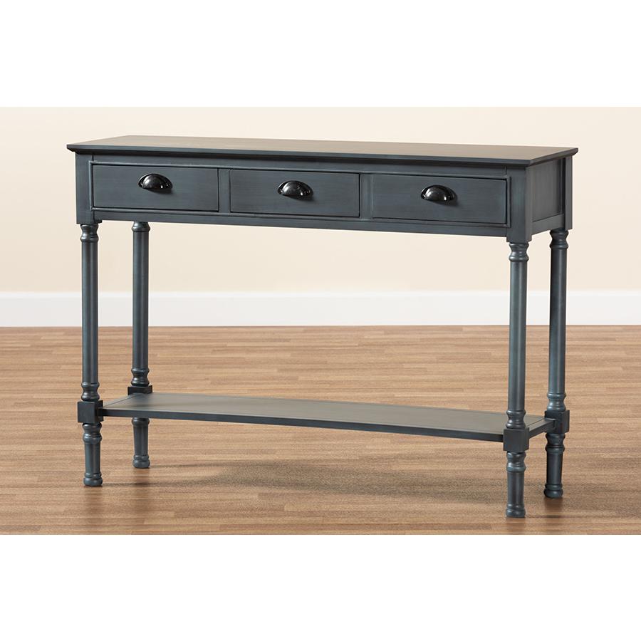 Garvey French Provincial Dark Blue Gray Wood 3-Drawer Entryway Console Table. Picture 8