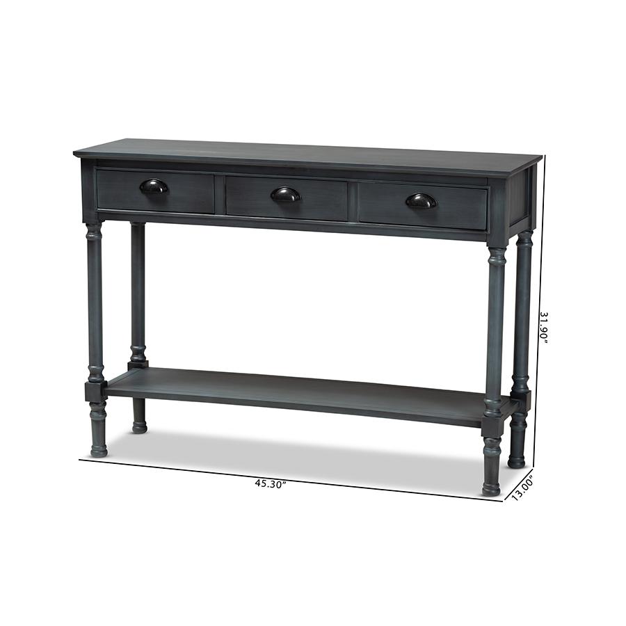 Garvey French Provincial Dark Blue Gray Wood 3-Drawer Entryway Console Table. Picture 9