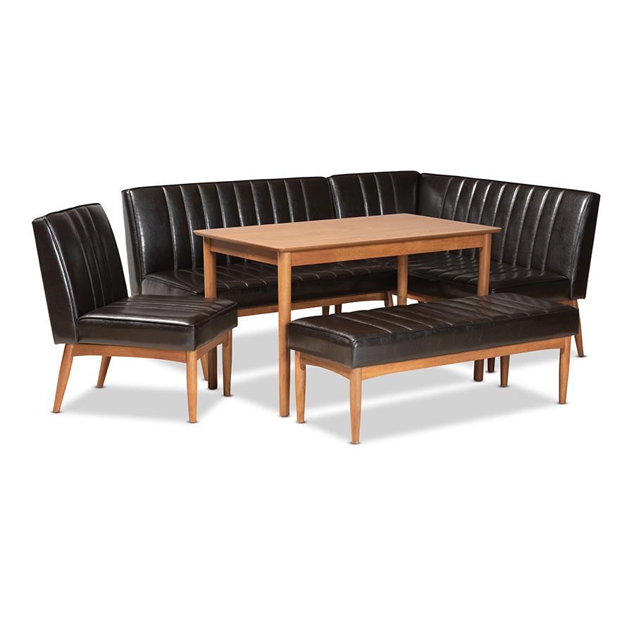 Leather Upholstered and Walnut Brown Finished Wood 5-Piece Dining Nook Set. Picture 1