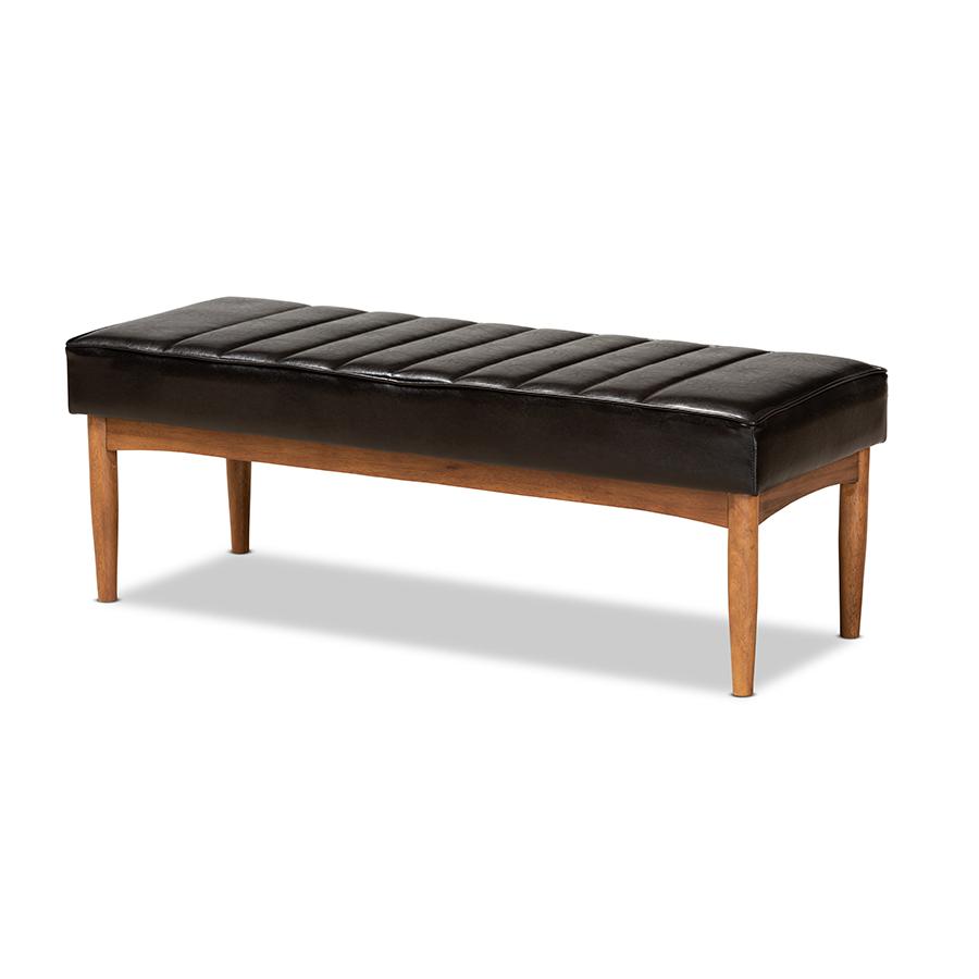 Leather Upholstered and Walnut Brown Finished Wood Dining Bench. Picture 1