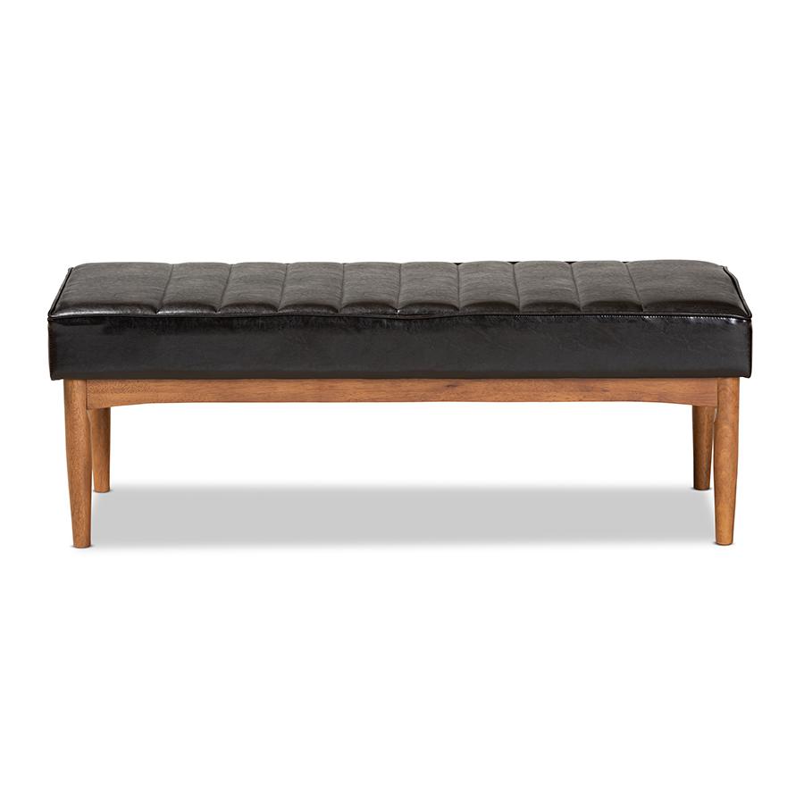 Leather Upholstered and Walnut Brown Finished Wood Dining Bench. Picture 2