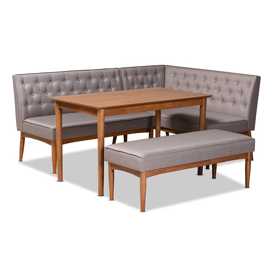 Grey Fabric Upholstered and Walnut Brown Finished Wood 4-Piece Dining Nook Set. Picture 1