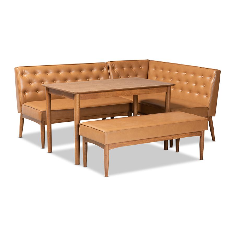 Leather Upholstered and Walnut Brown Finished Wood 4-Piece Dining Nook Set. Picture 1