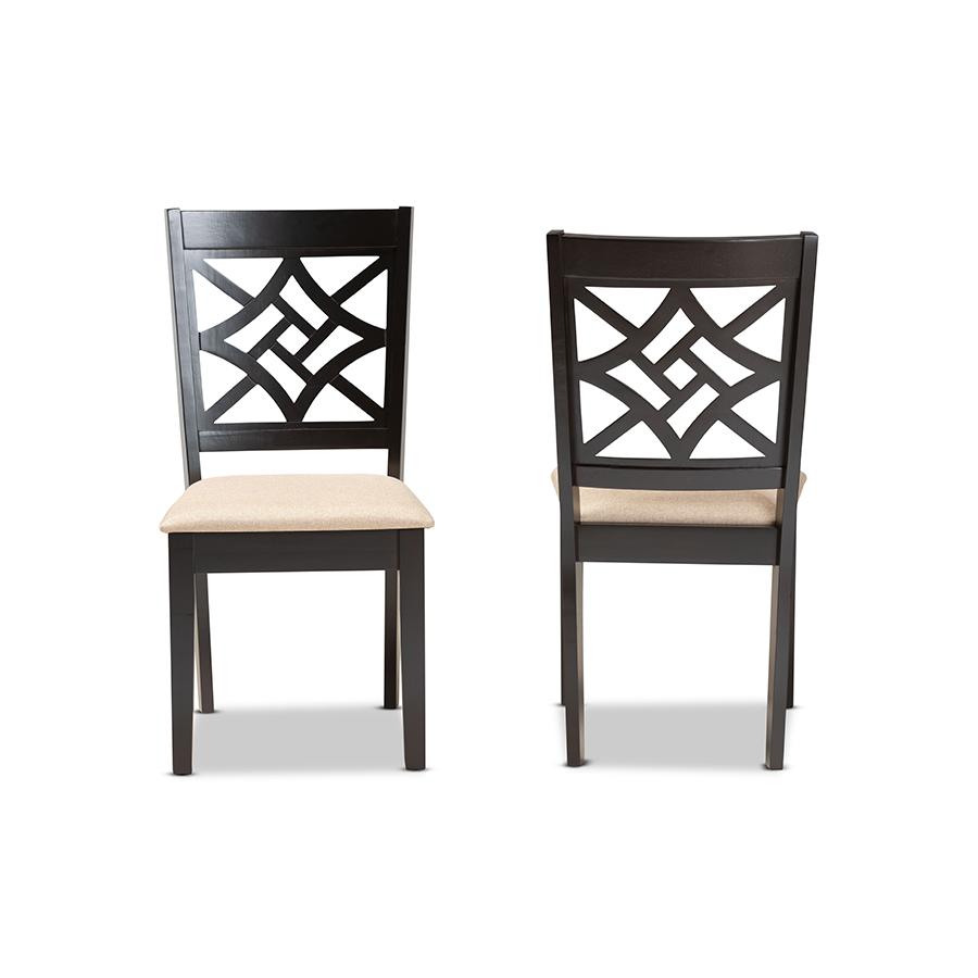 Sand Fabric Upholstered and Dark Brown Finished Wood 2-Piece Dining Chair Set. Picture 2