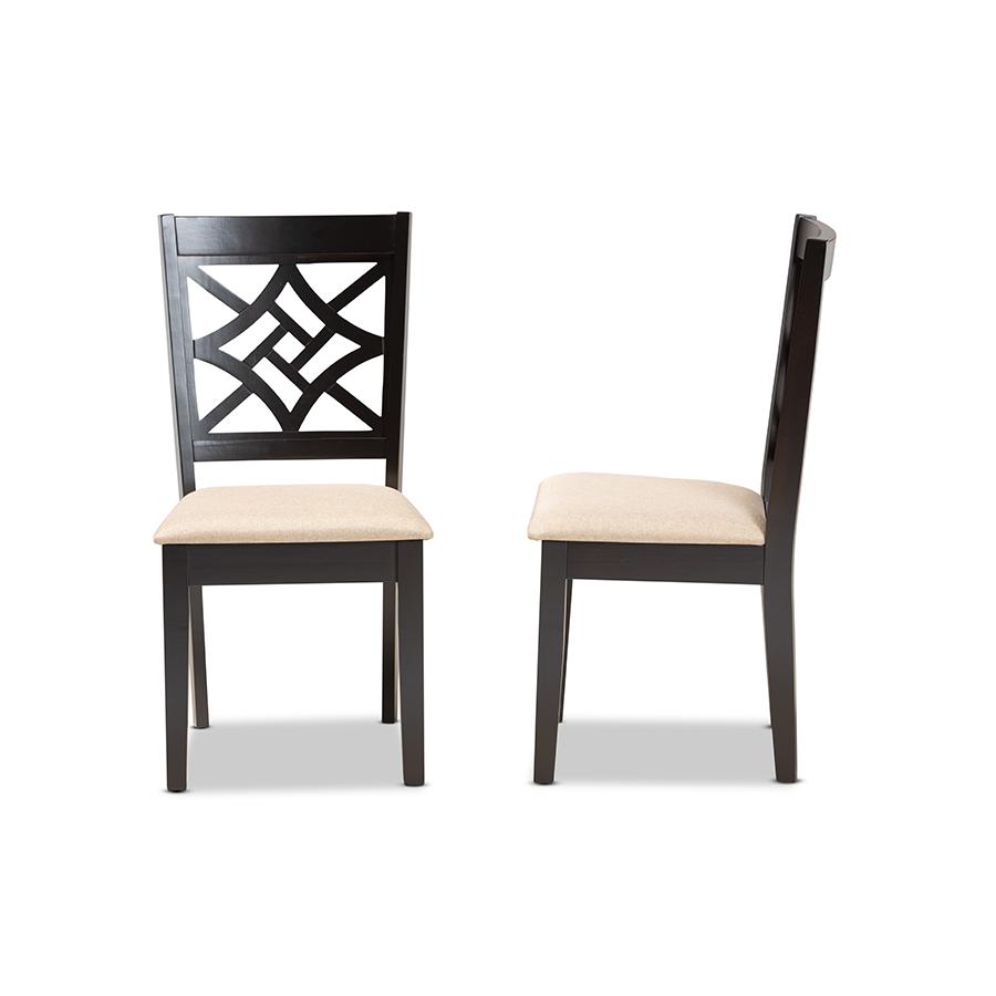 Sand Fabric Upholstered and Dark Brown Finished Wood 2-Piece Dining Chair Set. Picture 3