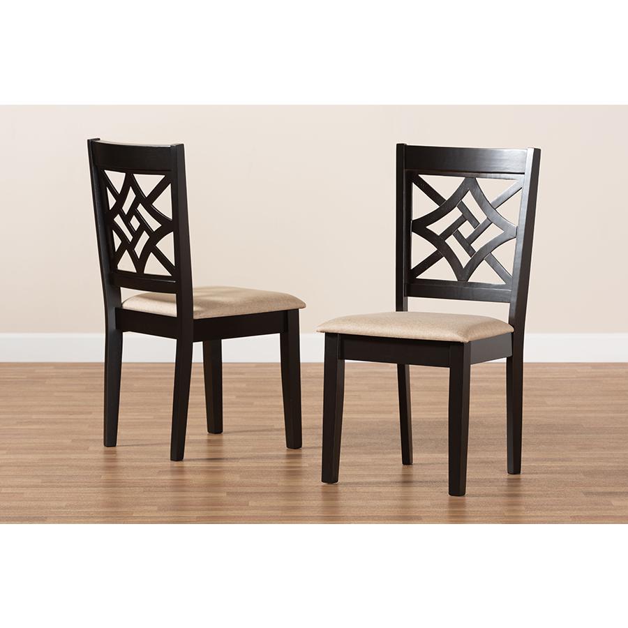 Sand Fabric Upholstered and Dark Brown Finished Wood 2-Piece Dining Chair Set. Picture 7
