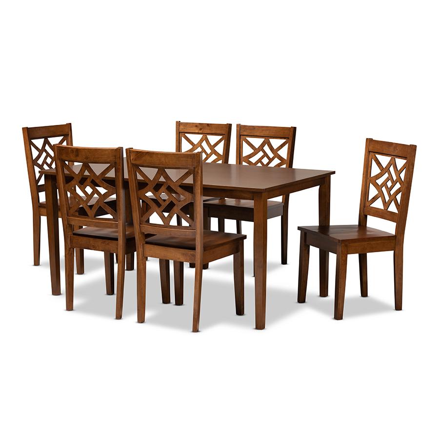 Nicolette Modern and Contemporary Walnut Brown Finished Wood 7-Piece Dining Set. Picture 1