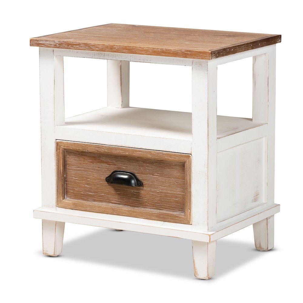 Rustic Farmhouse Two-Tone White and Oak Brown Wood 1-Drawer End Table. Picture 1