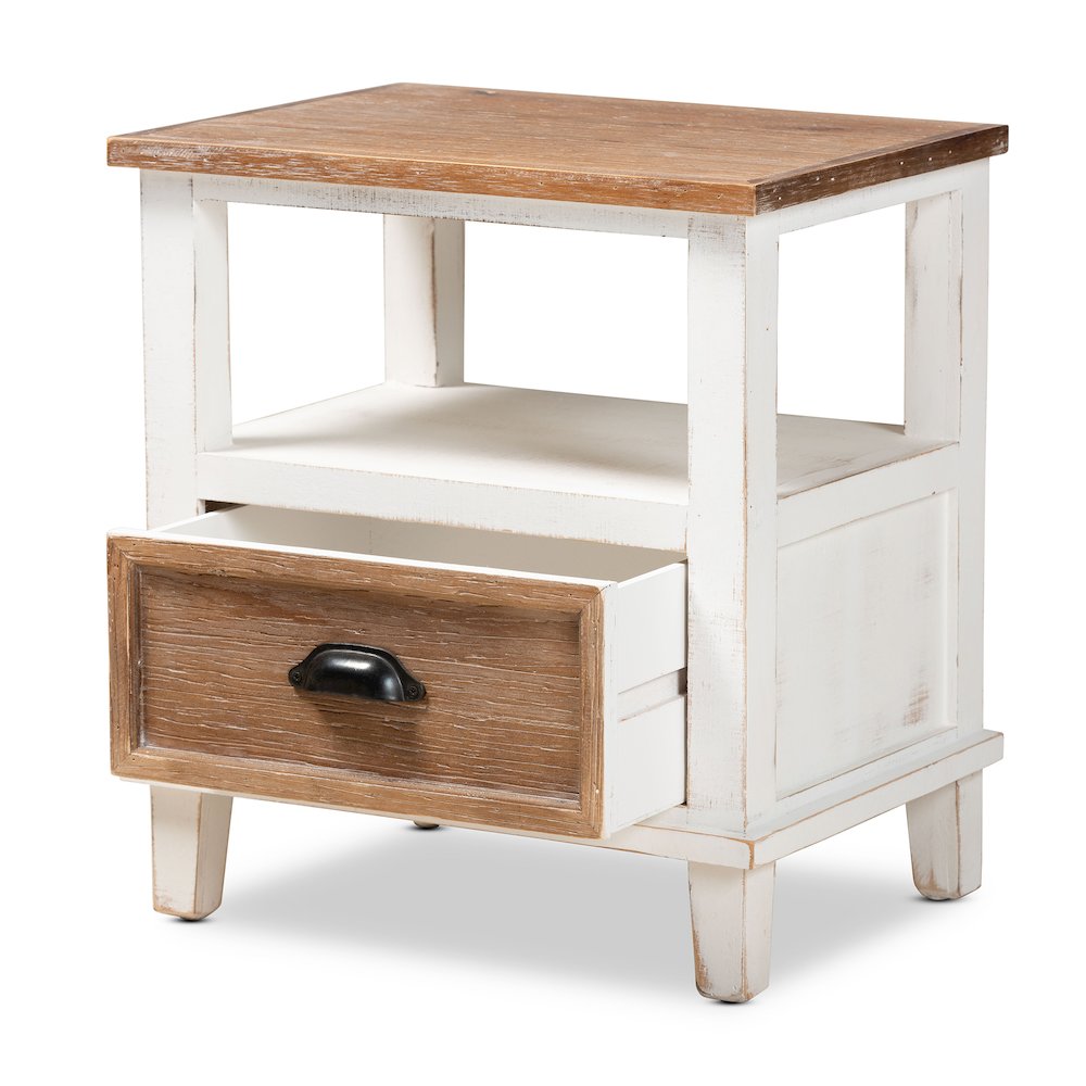 Rustic Farmhouse Two-Tone White and Oak Brown Wood 1-Drawer End Table. Picture 2