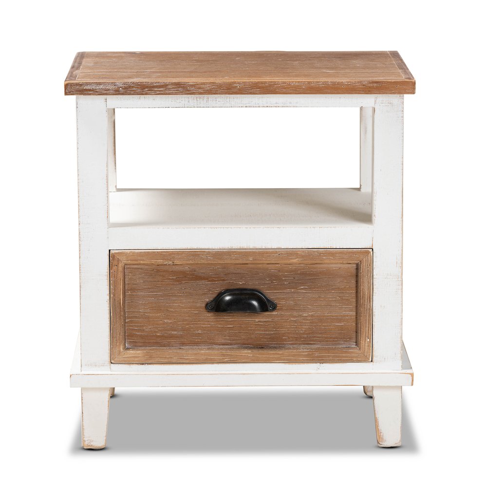 Rustic Farmhouse Two-Tone White and Oak Brown Wood 1-Drawer End Table. Picture 3