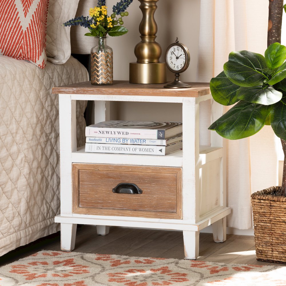Rustic Farmhouse Two-Tone White and Oak Brown Wood 1-Drawer End Table. Picture 7