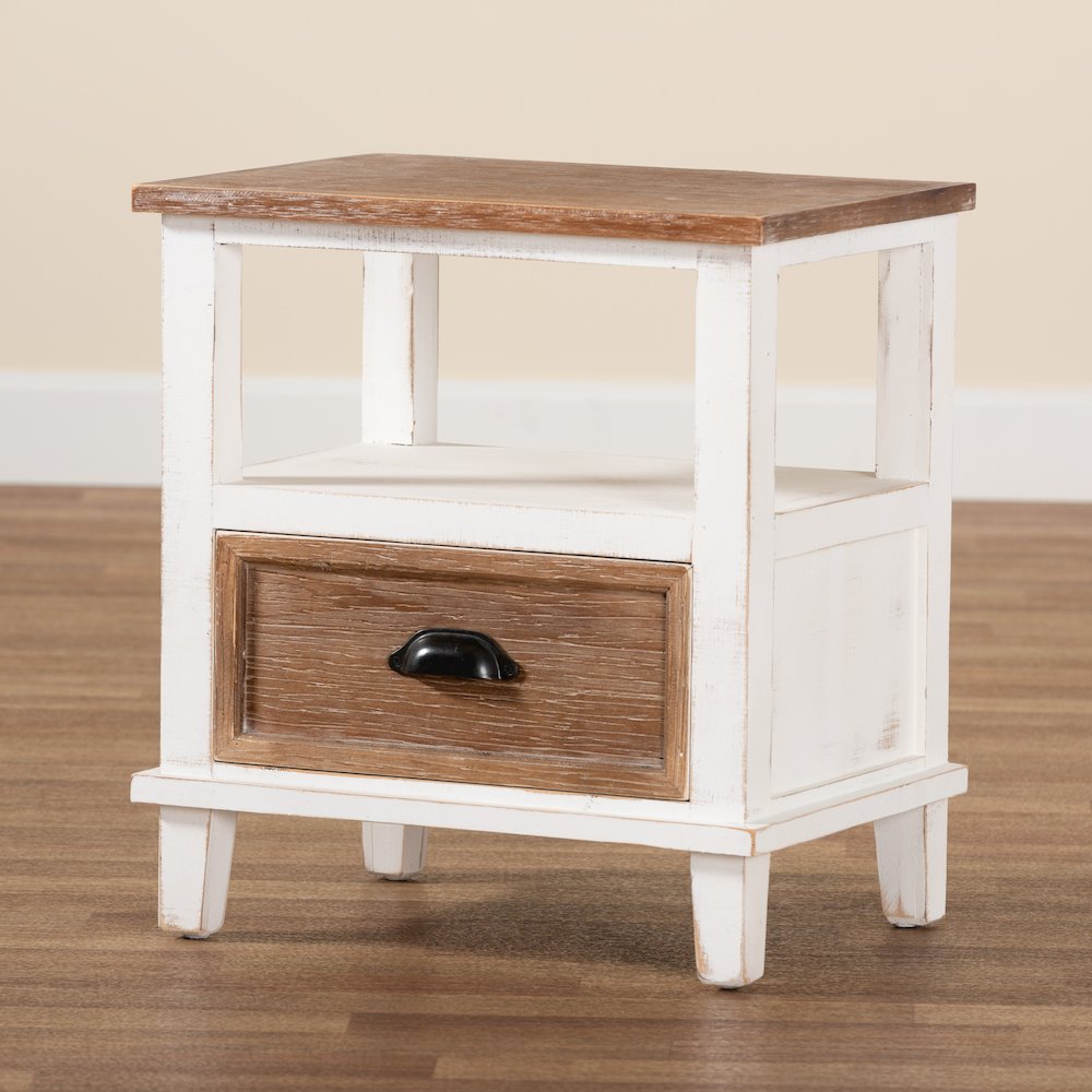 Rustic Farmhouse Two-Tone White and Oak Brown Wood 1-Drawer End Table. Picture 8