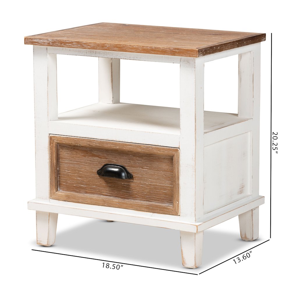 Rustic Farmhouse Two-Tone White and Oak Brown Wood 1-Drawer End Table. Picture 9