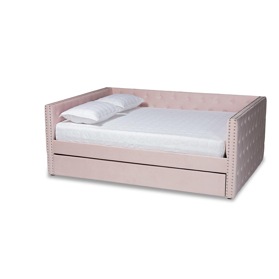 Pink Velvet Fabric Upholstered Full Size Daybed with Trundle. Picture 1