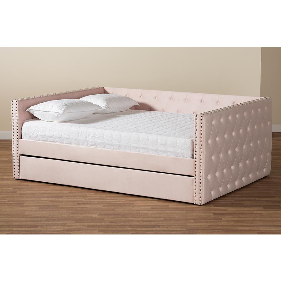 Pink Velvet Fabric Upholstered Full Size Daybed with Trundle. Picture 10