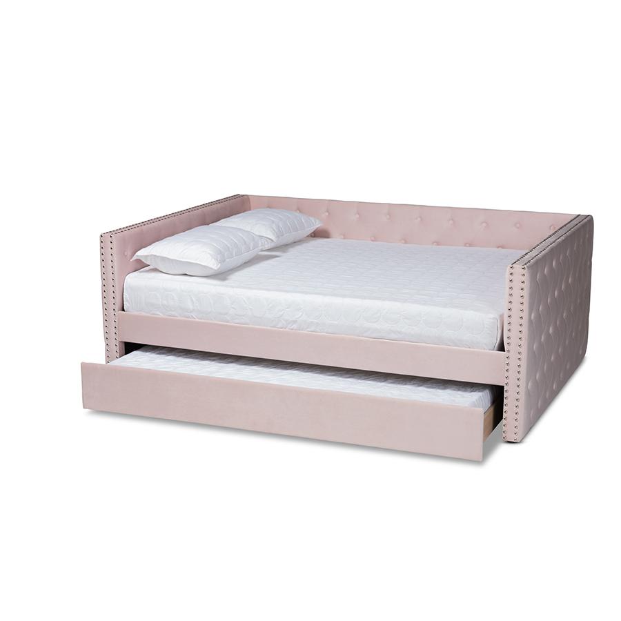 Pink Velvet Fabric Upholstered Full Size Daybed with Trundle. Picture 2
