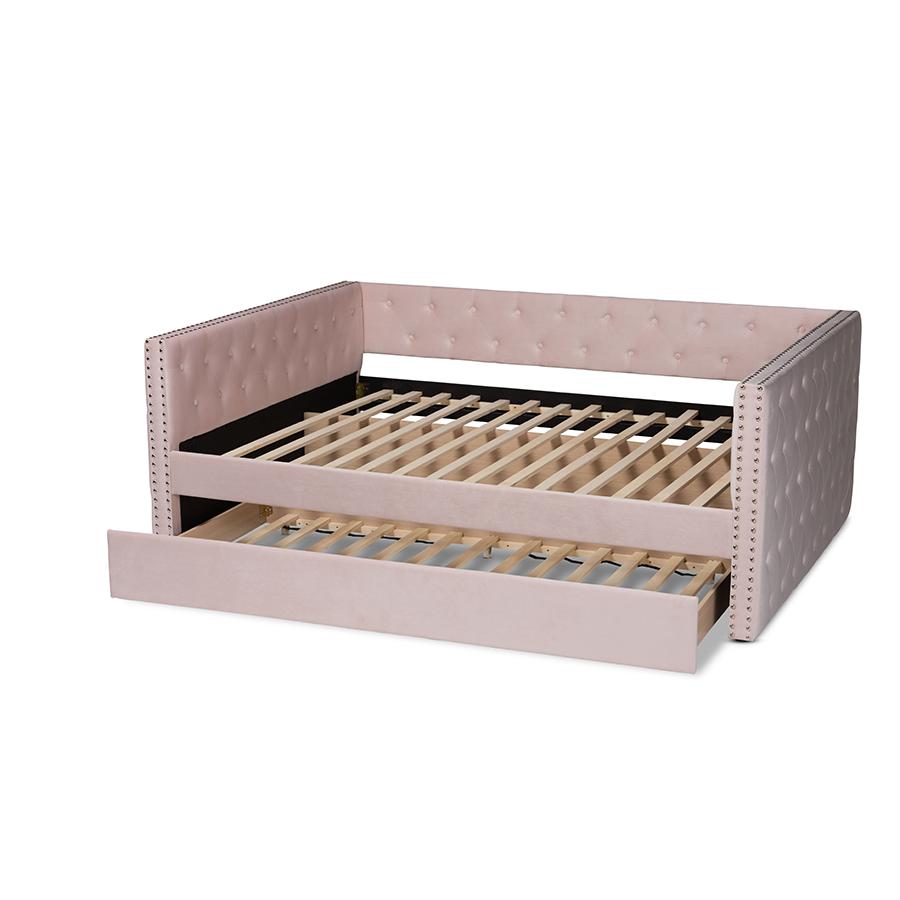 Pink Velvet Fabric Upholstered Full Size Daybed with Trundle. Picture 5