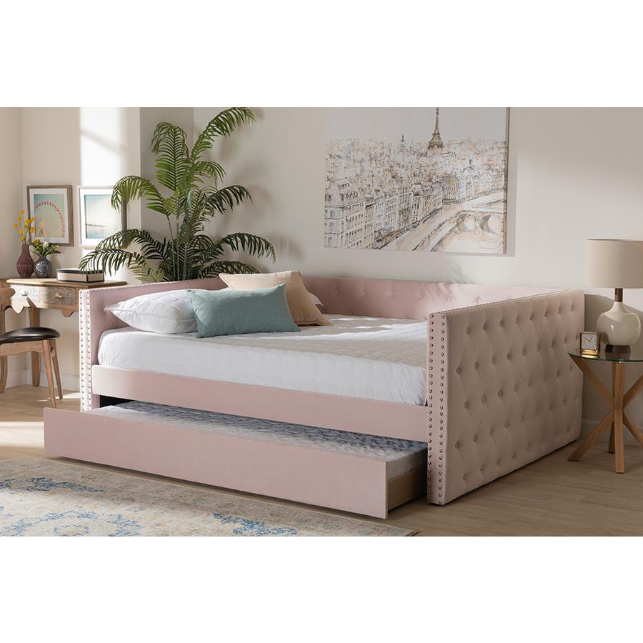 Pink Velvet Fabric Upholstered Full Size Daybed with Trundle. Picture 9