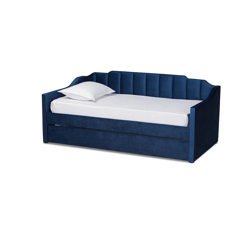Navy Blue Velvet Fabric Upholstered Twin Size Daybed with Trundle. Picture 1
