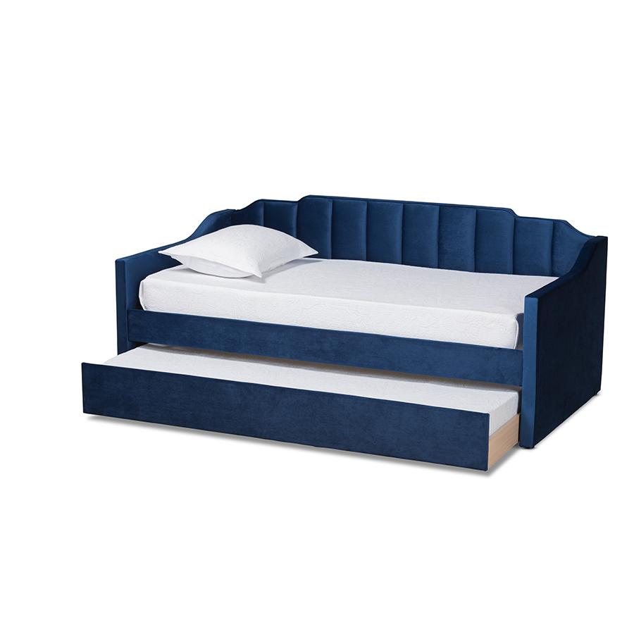 Navy Blue Velvet Fabric Upholstered Twin Size Daybed with Trundle. Picture 2