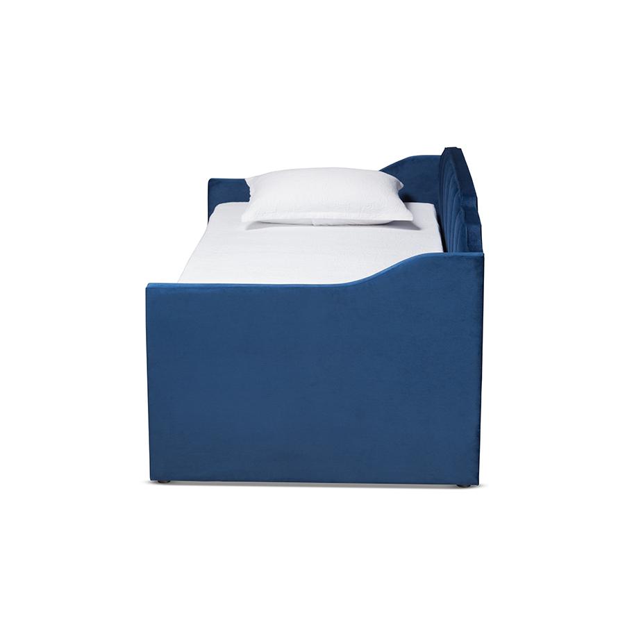 Navy Blue Velvet Fabric Upholstered Twin Size Daybed with Trundle. Picture 3