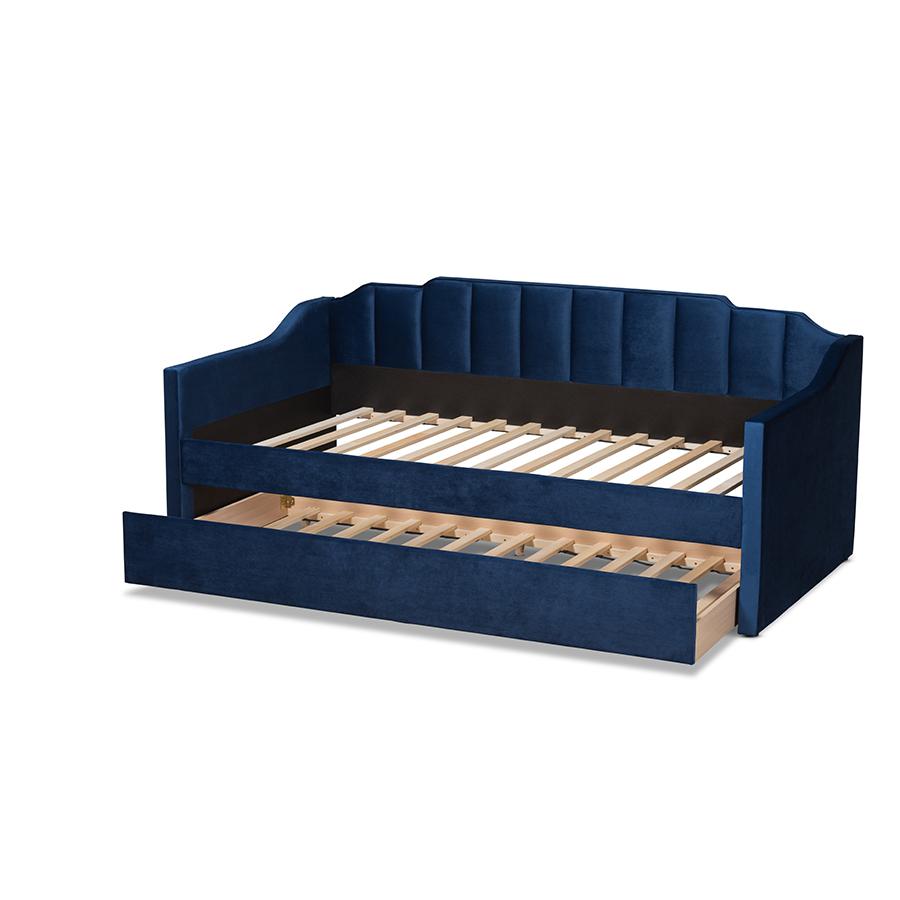 Navy Blue Velvet Fabric Upholstered Twin Size Daybed with Trundle. Picture 5