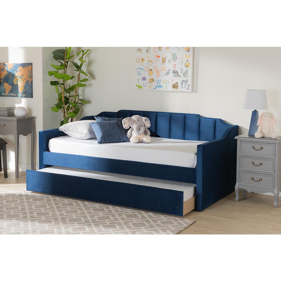 Navy Blue Velvet Fabric Upholstered Twin Size Daybed with Trundle. Picture 8
