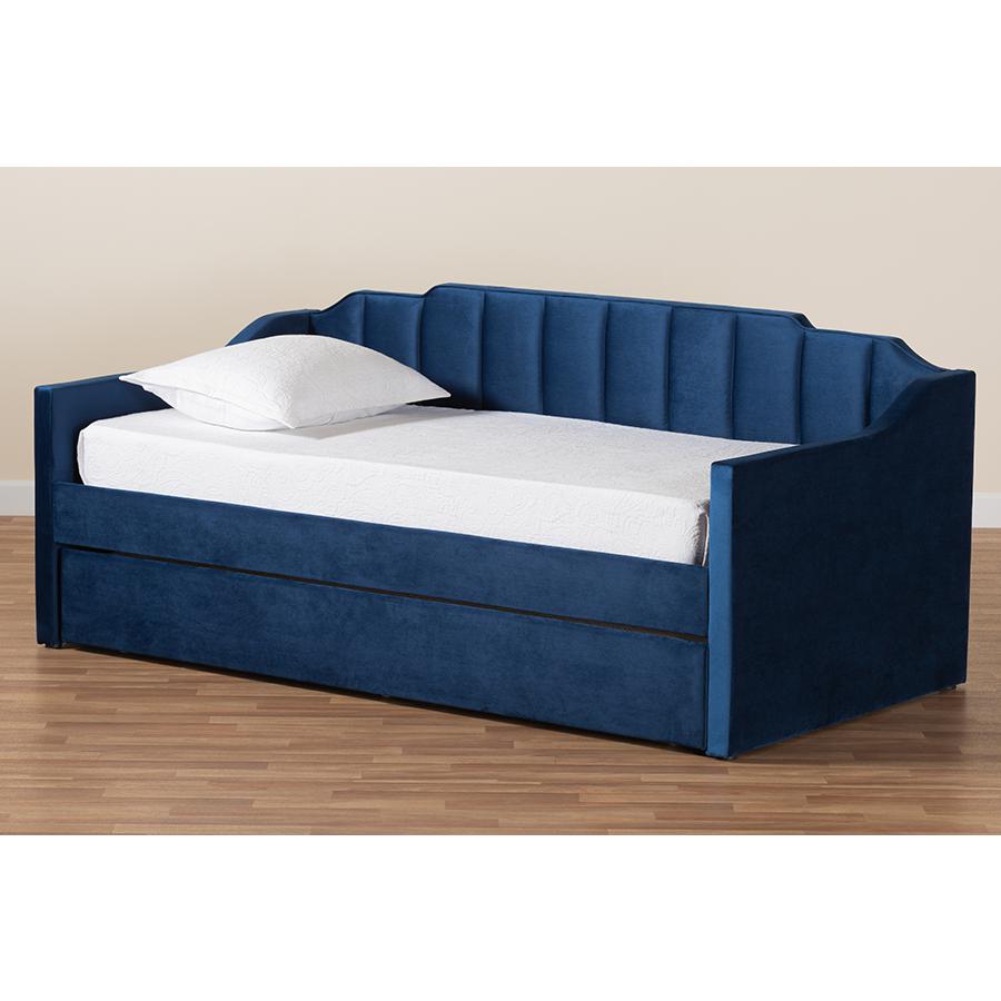Navy Blue Velvet Fabric Upholstered Twin Size Daybed with Trundle. Picture 9