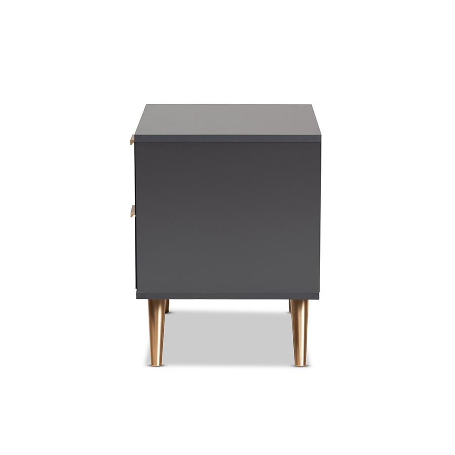 Dark Grey and Gold Finished Wood 2-Drawer Nightstand. Picture 4