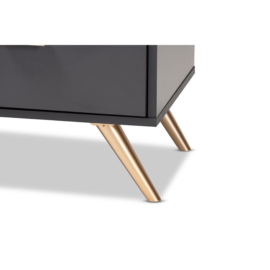 Dark Grey and Gold Finished Wood 2-Drawer Nightstand. Picture 6