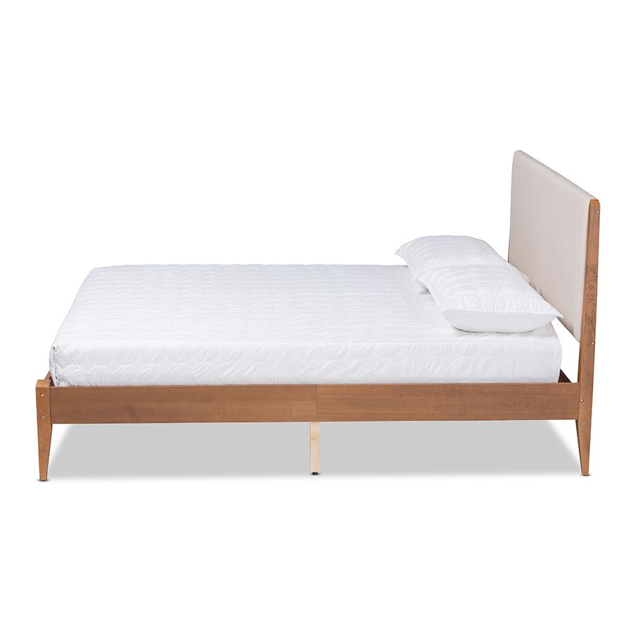 Beige Fabric Upholstered and Walnut Brown Finished Wood Full Size Platform Bed. Picture 2
