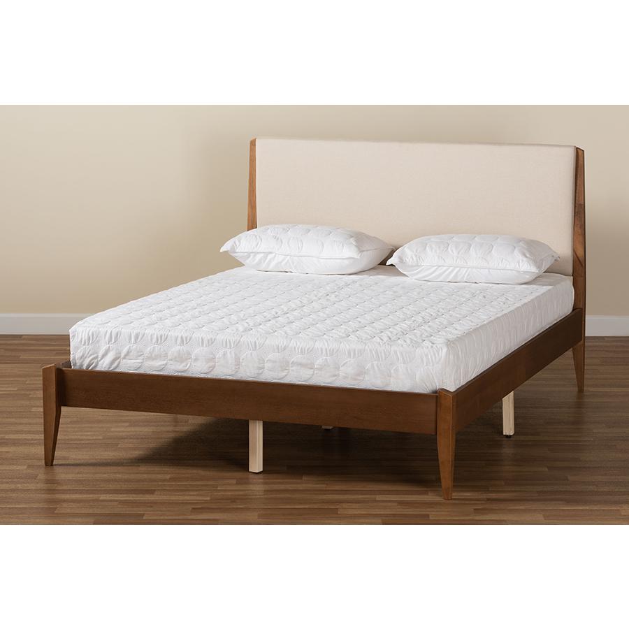 Beige Fabric Upholstered and Walnut Brown Finished Wood Full Size Platform Bed. Picture 8