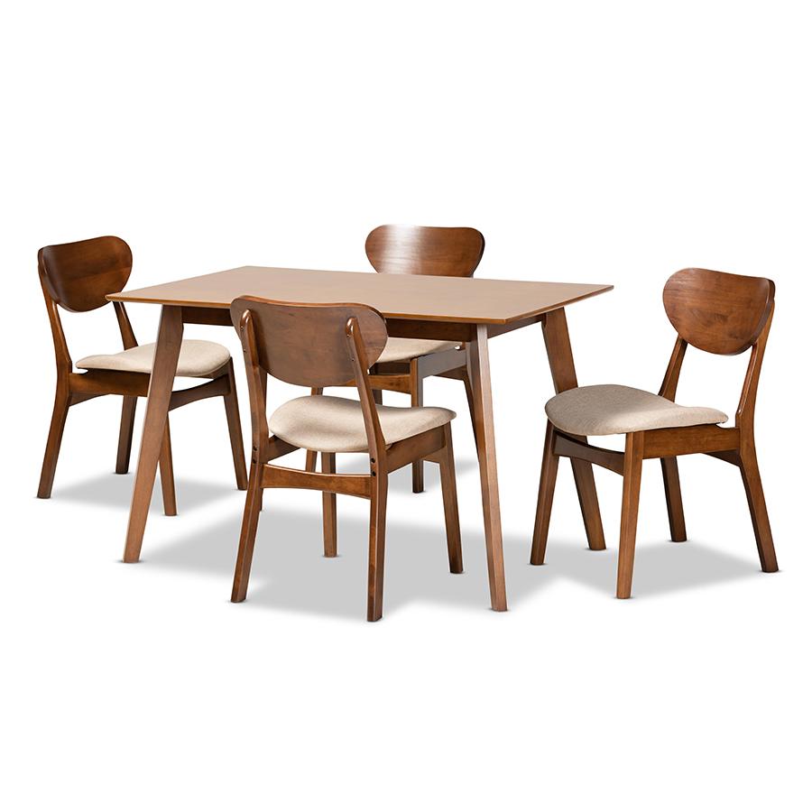 Sand Fabric Upholstered and Walnut Brown Finished Wood 5-Piece Dining Set. Picture 1
